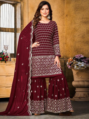 Maroon Georgette Partywear Sharara-Style-Suit - Inddus.com