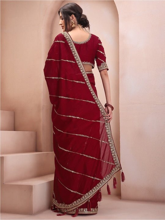 Maroon & Gold-Toned Embellished Sequinned Silk Blend Saree - Inddus.com