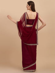 Maroon & Gold-Toned Emboidered Border Net Saree - Inddus.com