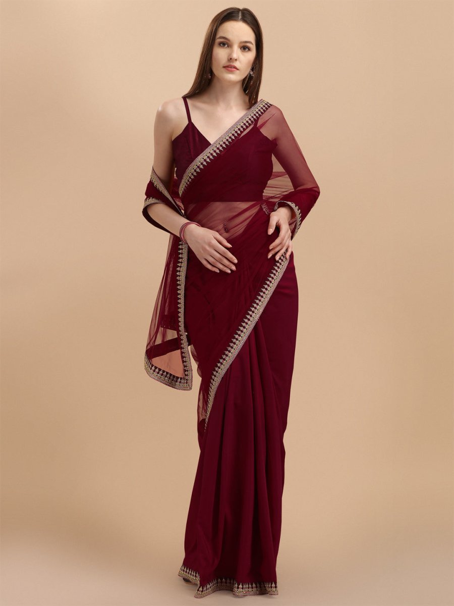 Maroon & Gold-Toned Emboidered Border Net Saree - Inddus.com