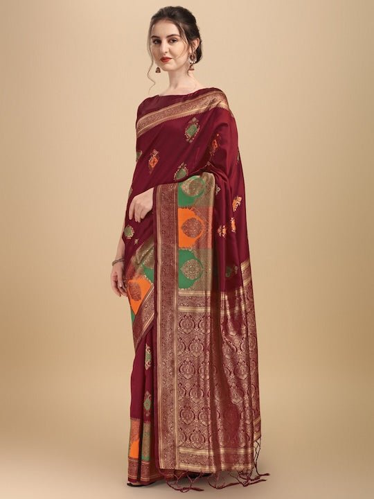 Maroon & Gold-Toned Ethnic Motifs Woven Design Silk Blend Saree - Inddus.com