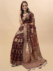 Maroon & Gold-Toned Organza Saree with Blouse Piece - Inddus.com