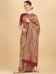 Maroon & Gold-Toned Woven Design Zari Silk Blend Saree - Inddus.com