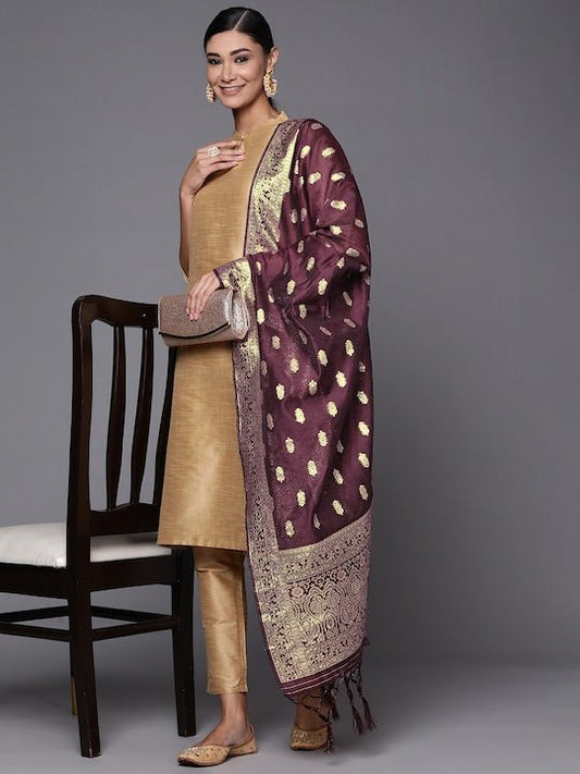 Maroon & Golden Ethnic Motifs Woven Design Dupatta with Zari - Inddus.com