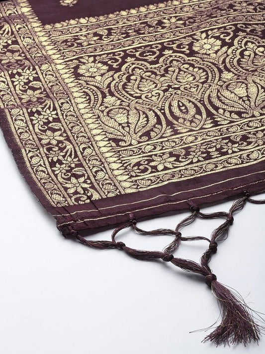 Maroon & Golden Ethnic Motifs Woven Design Dupatta with Zari - Inddus.com