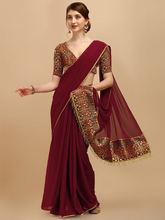 Maroon & Golden Solid Saree - Inddus.com