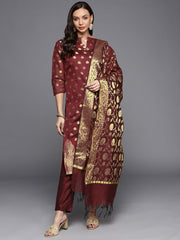 Maroon & Golden Unstitched Dress Material - Inddus.com
