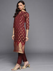 Maroon & Golden Unstitched Dress Material - Inddus.com