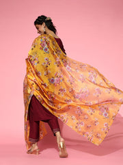 Maroon Gotta Patti Detail Kurta with Pants and Floral Printed Dupatta - Inddus.com