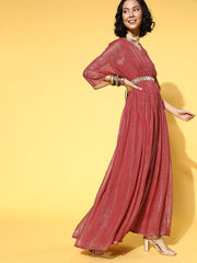 Maroon Kaftan Style Lurex Georgette Gown with Embellished Belt - Inddus.com