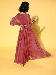 Maroon Kaftan Style Lurex Georgette Gown with Embellished Belt - Inddus.com