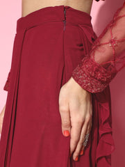 Maroon Lehenga Saree with Ruffle Pattern - Inddus.com