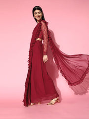 Maroon Lehenga Saree with Ruffle Pattern - Inddus.com