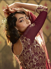 Maroon Net Embroidered Partywear Sharara Suit - inddus-us
