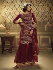 Maroon Net Embroidered Partywear Sharara Suit - inddus-us