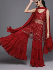 Maroon Net Embroidered Sharara Suit - Inddus.com