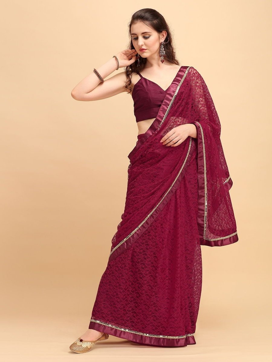 Maroon Net Self Design Mirror Embroidered Saree - inddus-us