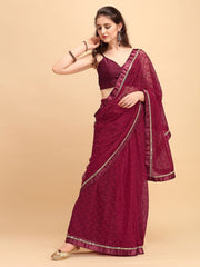 Maroon Net Self Design Mirror Embroidered Saree - inddus-us