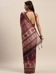 Maroon & Off-White Chanderi Cotton Blend Digital Floral Printed Saree - inddus-us