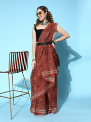 Maroon Organza Floral Printed Saree with Blouse Piece - Inddus.com