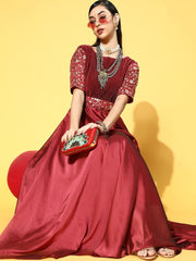 Maroon Poly Silk Partywear Self Design Dresses - Inddus.com
