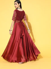 Maroon Poly Silk Partywear Self Design Dresses - Inddus.com