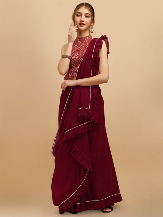 Maroon Ruffled Saree - Inddus.com