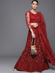 Maroon Semistitched Lehenga with Embroidered Blouse and Dupatta - inddus-us
