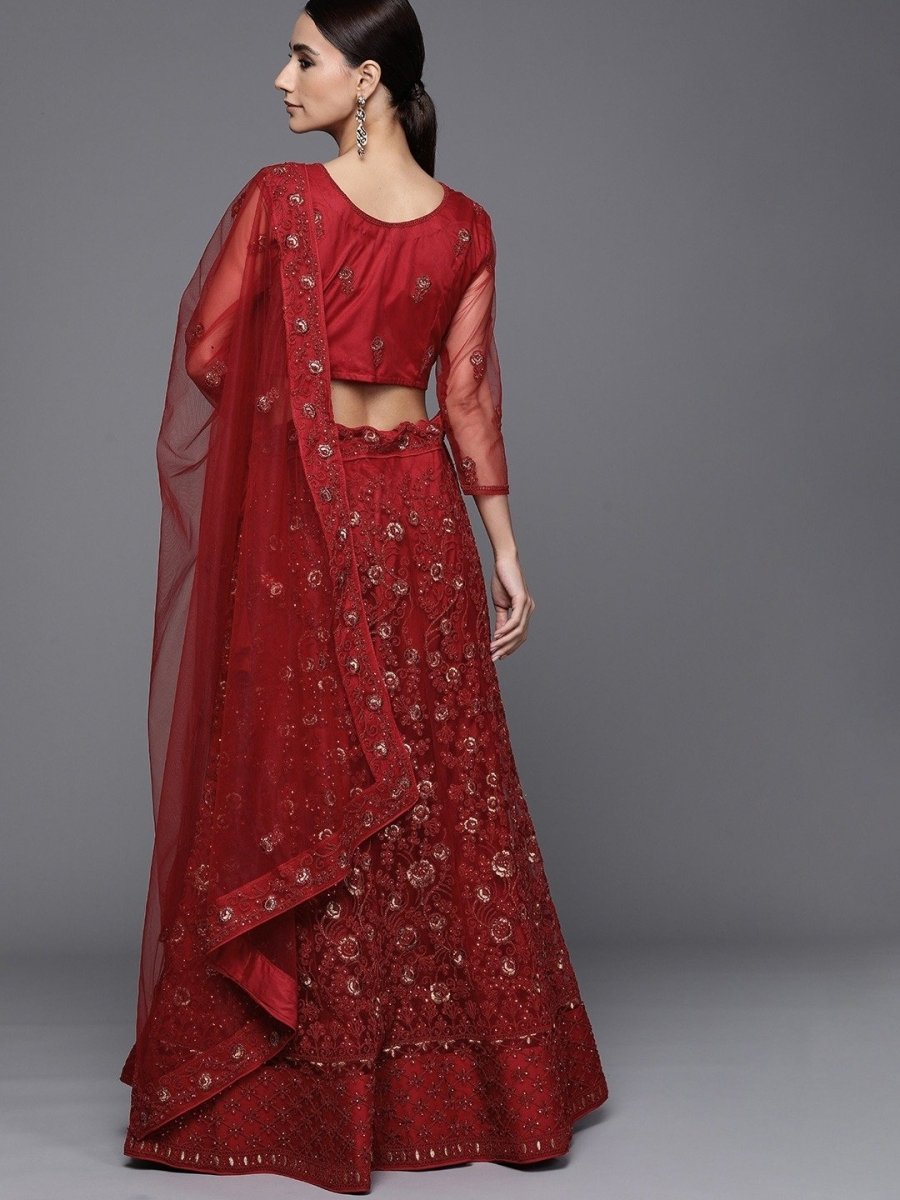 Maroon Semistitched Lehenga with Embroidered Blouse and Dupatta - inddus-us
