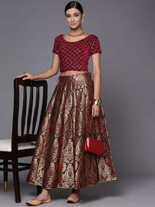 Maroon Sequined Velvet Stretchable Saree Blouse - Inddus.com