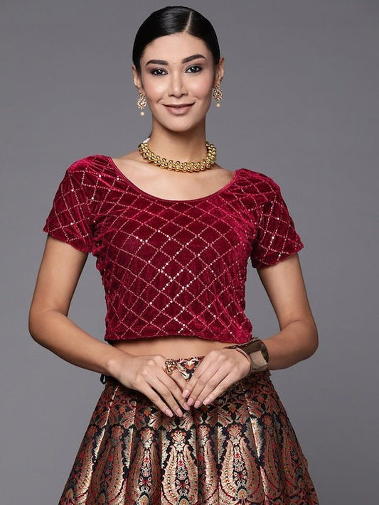 Maroon Sequined Velvet Stretchable Saree Blouse - Inddus.com