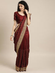 Maroon Silk Blend Embroidered Saree - inddus-us