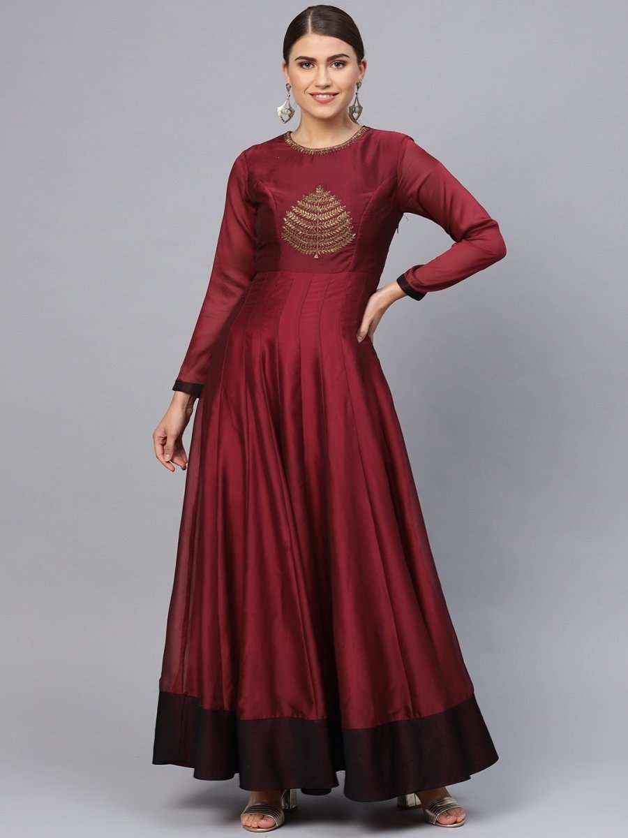 Maroon Silk Georgette Designer Gown - inddus-us