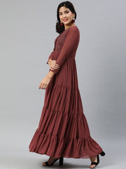 Maroon Solid Fit and Flare Dress With Embellishment - inddus-us