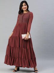 Maroon Solid Fit and Flare Dress With Embellishment - inddus-us