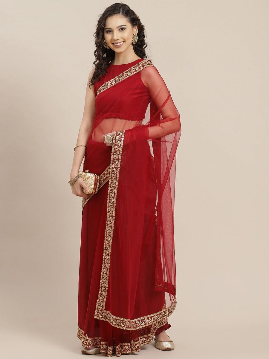 Maroon Solid Net Saree - inddus-us