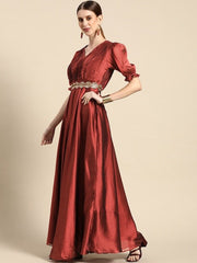 Maroon Solid Pleated Ethnic Maxi Gown Comes With a Belt - Inddus.com
