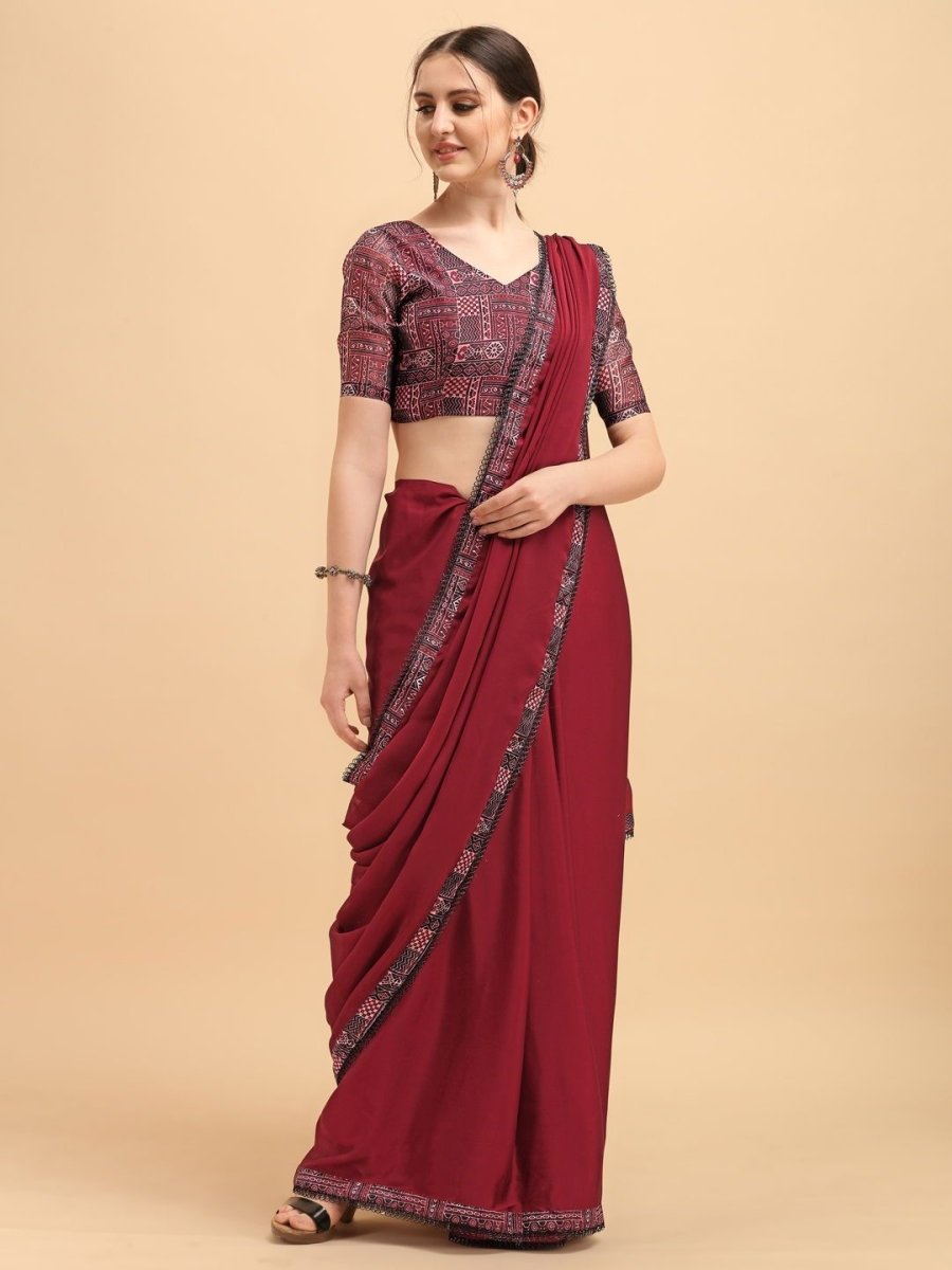 Maroon Solid Printed Laced Bordered Saree with Printed Blouse - inddus-us
