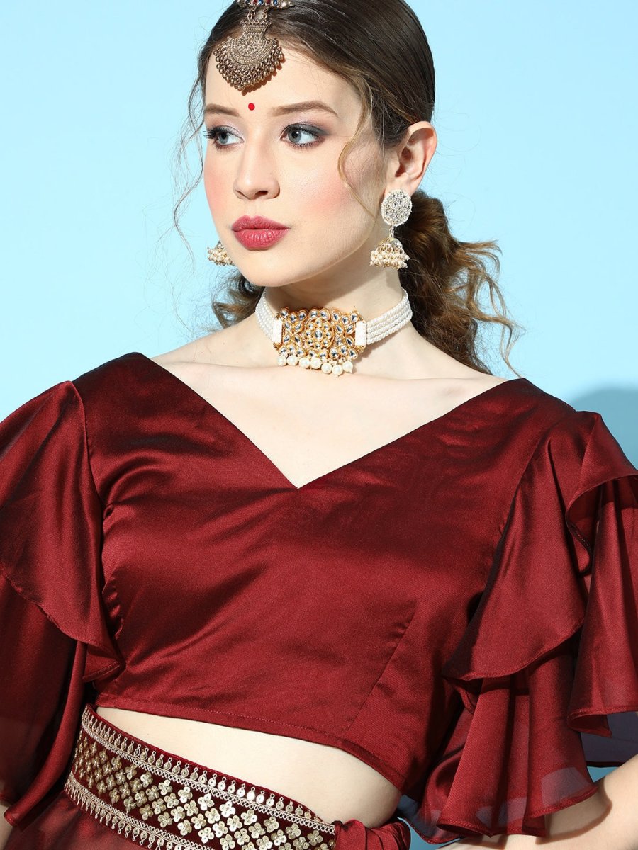 Maroon Solid Saree with Embellished Belt - Inddus.com