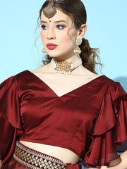 Maroon Solid Saree with Embellished Belt - Inddus.com