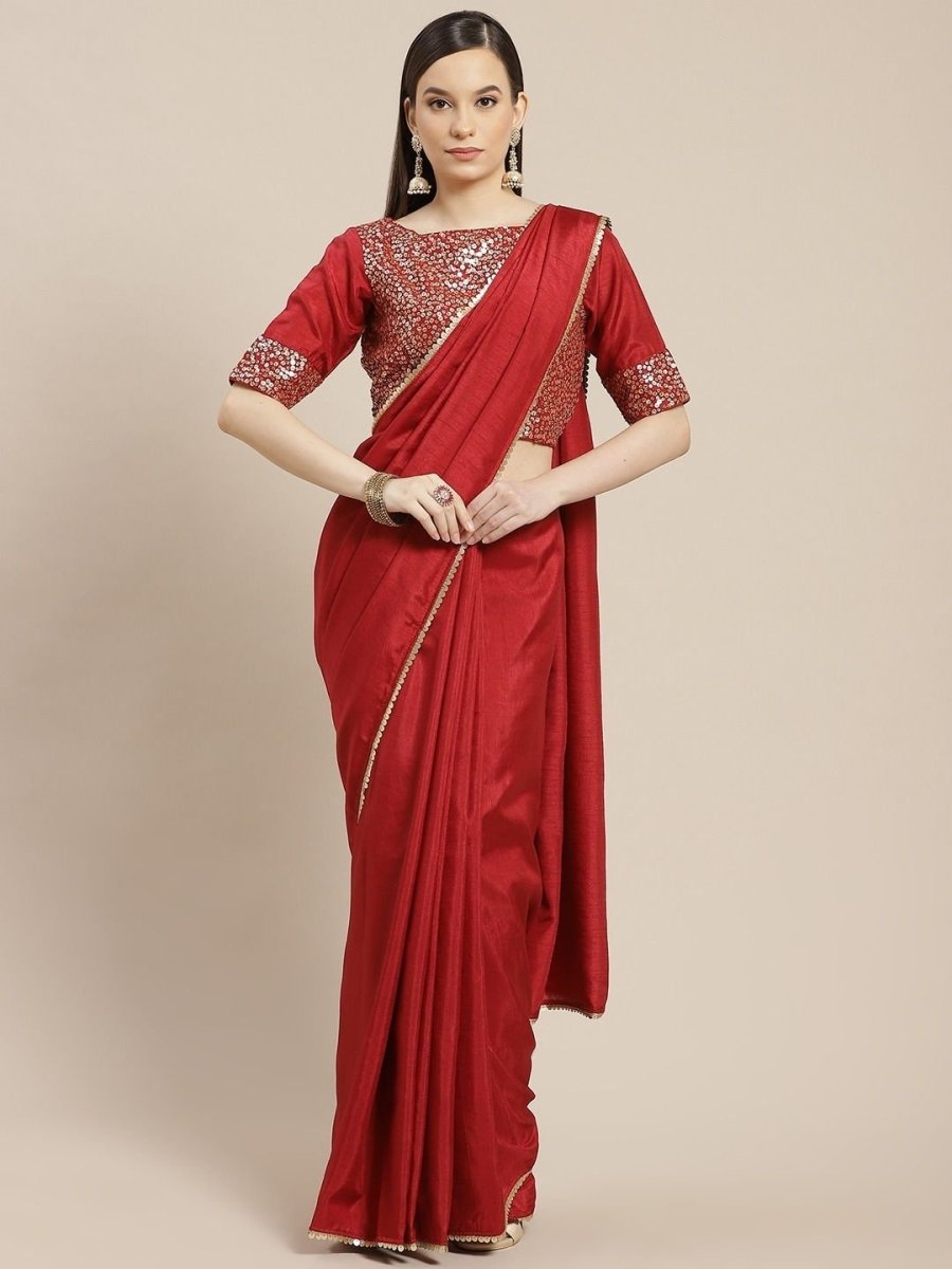 Maroon Solid Saree with Sequinned Blouse - inddus-us