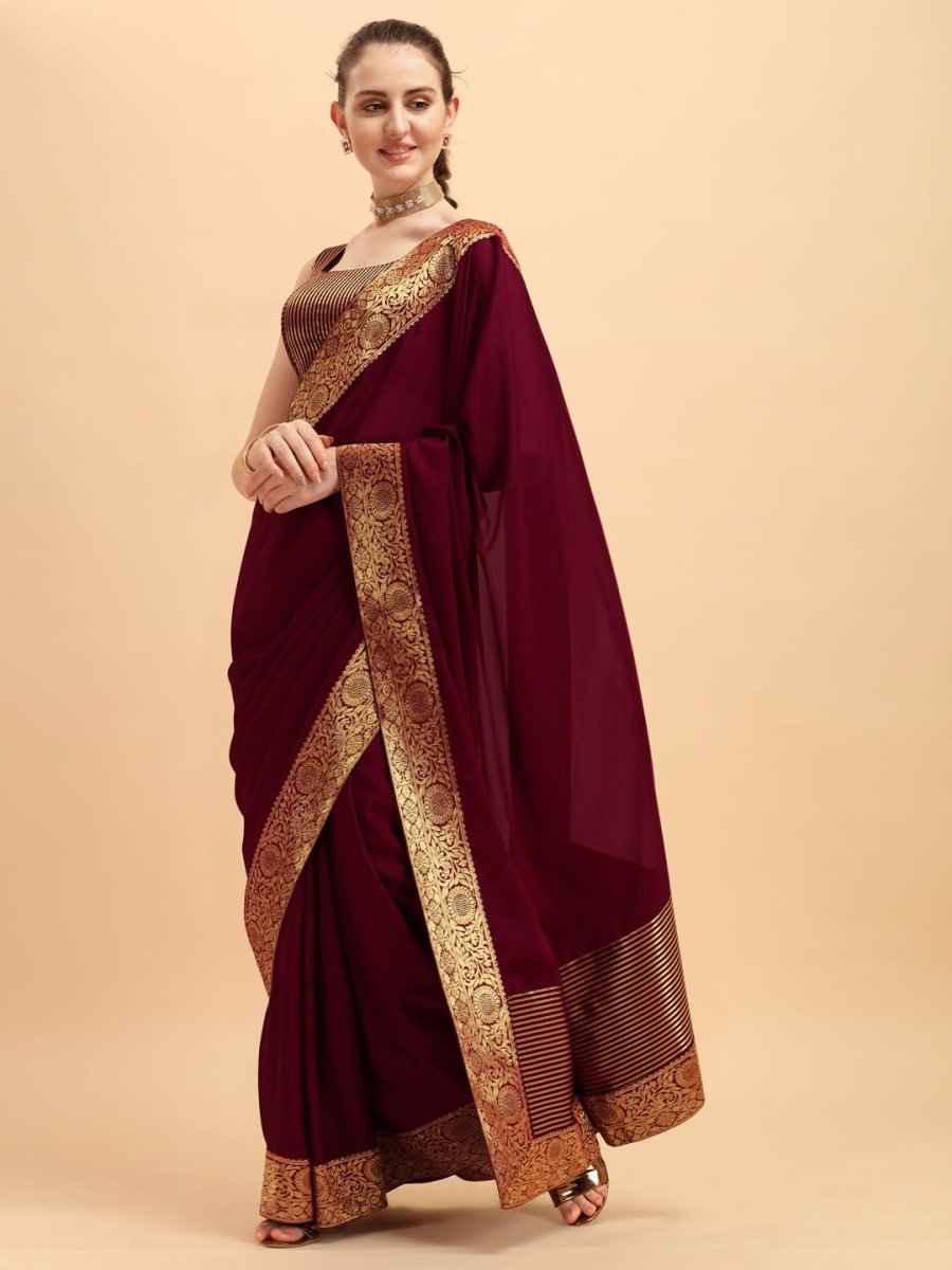 Maroon Solid Woven Border Saree with Woven Blouse - inddus-us