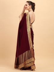Maroon Solid Woven Border Saree with Woven Blouse - inddus-us