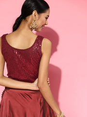 Maroon Stitched Ruffled Lehenga Saree with Sequinned Stretchable Blouse - inddus-us