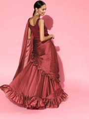 Maroon Stitched Ruffled Lehenga Saree with Sequinned Stretchable Blouse - inddus-us