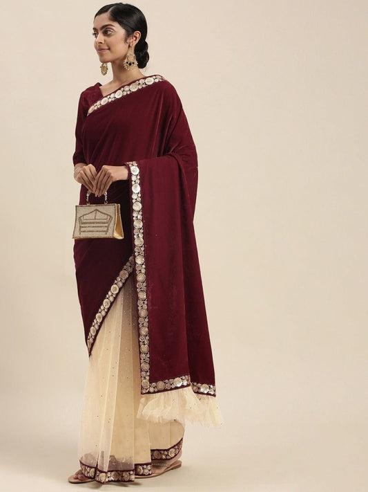 Maroon Velvet and Net Half and Half Embroidered Saree - Inddus.com