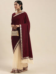 Maroon Velvet and Net Half and Half Embroidered Saree - Inddus.com