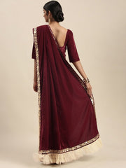 Maroon Velvet and Net Half and Half Embroidered Saree - Inddus.com