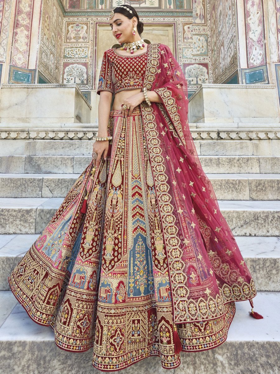 Maroon Velvet Embroidered Lehenga Choli - Inddus.com
