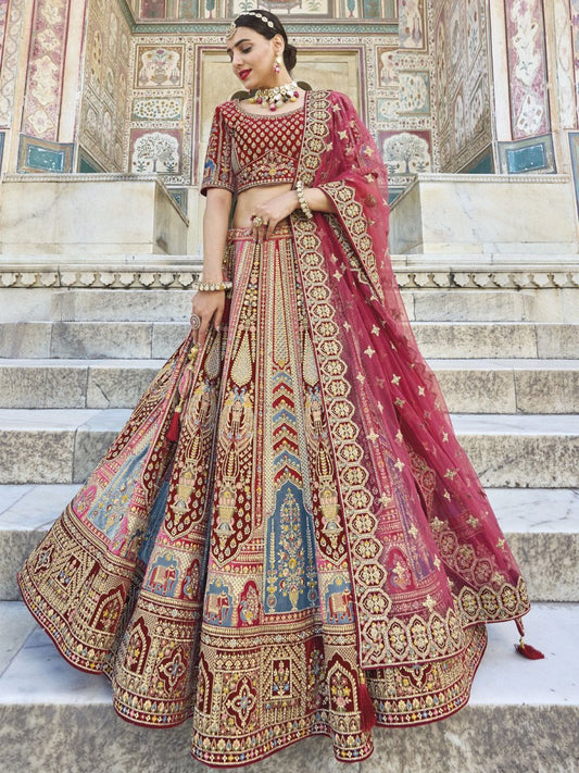 Maroon Velvet Embroidered Lehenga Choli - Inddus.com